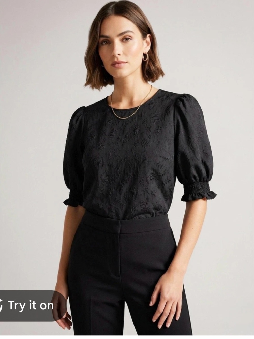Ted Baker Black Puff-Sleeve Jacquard Top